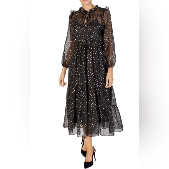 *Worn Once* Julia Jordan Midi Dress | Black w/Gold Dots | Size 8 - Picture 1 of 4